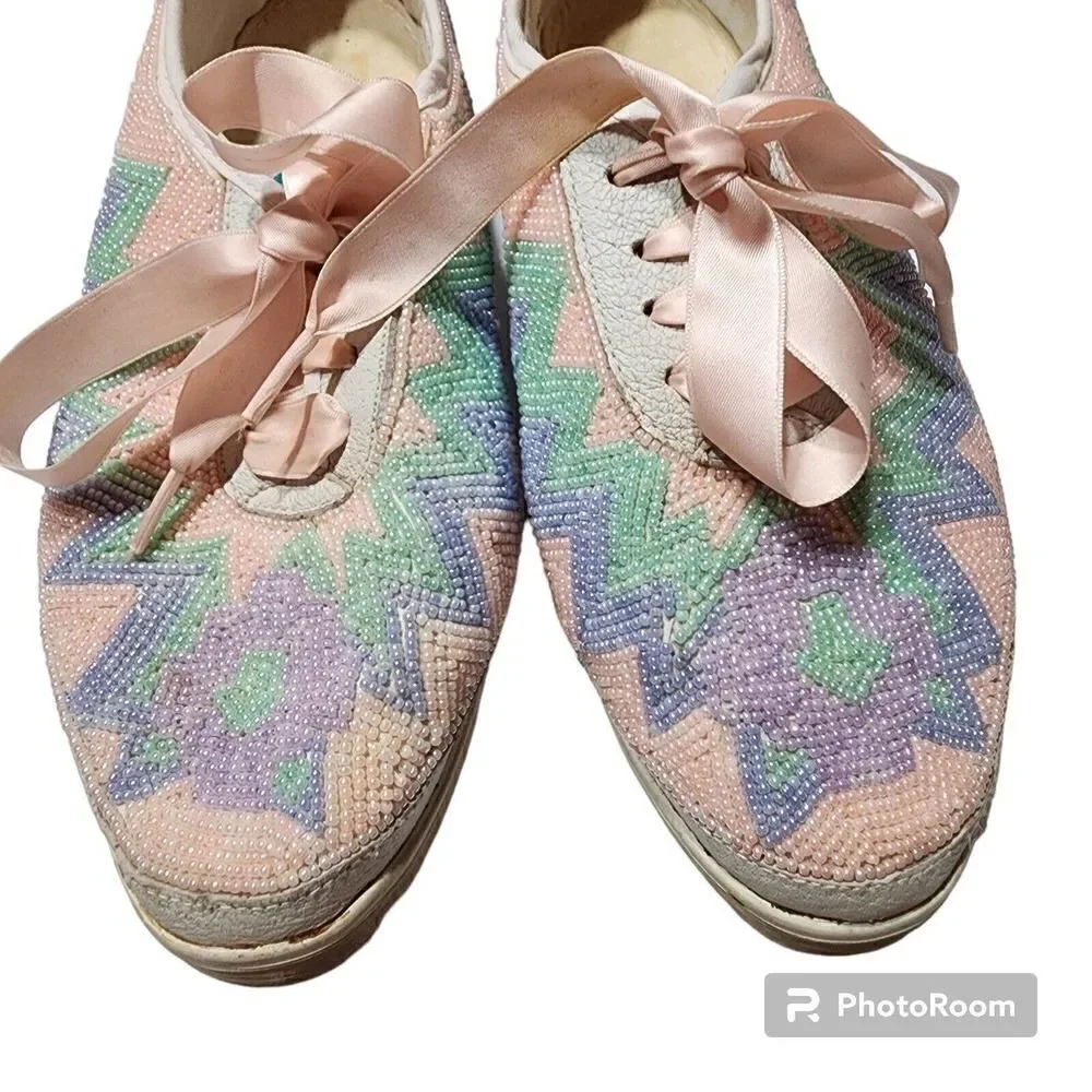 Vintage 80s Beadz Beaded Tennis Shoes Sneakers Size 8 Pink Pastel Ribbon Laces